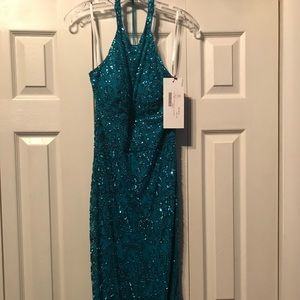 NWT Sherri Hill Dress Beaded/sequins fitted gown with high cut halter neckline